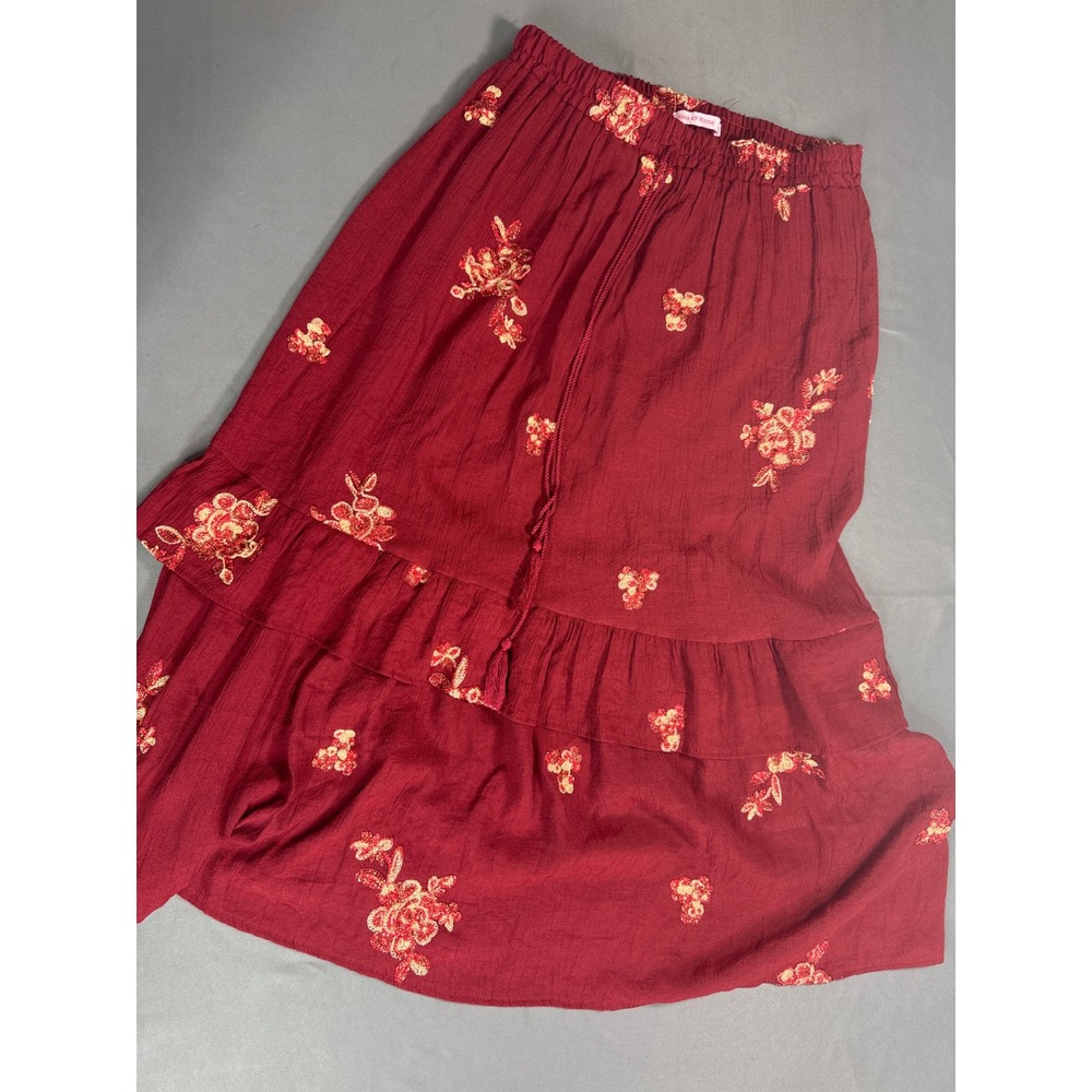 Ana Rose Burgundy Floral Embroidered Tiered Maxi Skirt Womens Size Medium